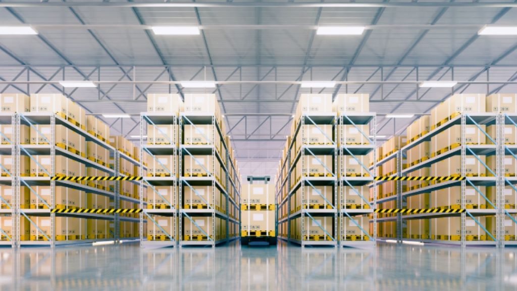 Warehouse shelves filled with boxes secured with safety tape, representing organization and protection in logistics.