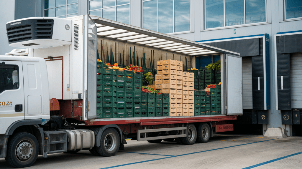 Open truck filled with boxes of fresh vegetables, representing refrigerated transport and cold chain logistics for perishable goods.