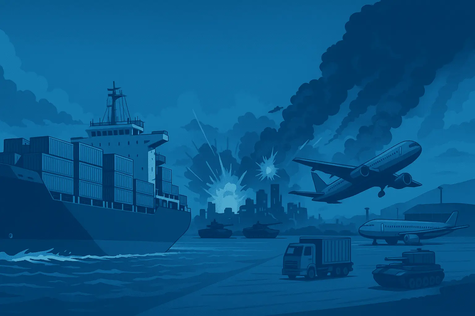Illustration showing airplanes, cargo boxes, and explosions symbolizing how global conflicts could disrupt international logistics and supply chains.