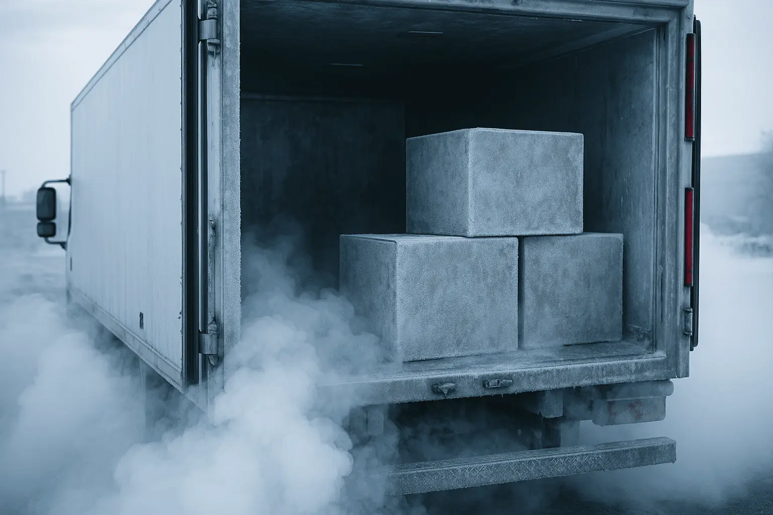 A refrigerated truck loaded with frozen cargo boxes, symbolizing potential risks and warning signs in cold chain logistics management.