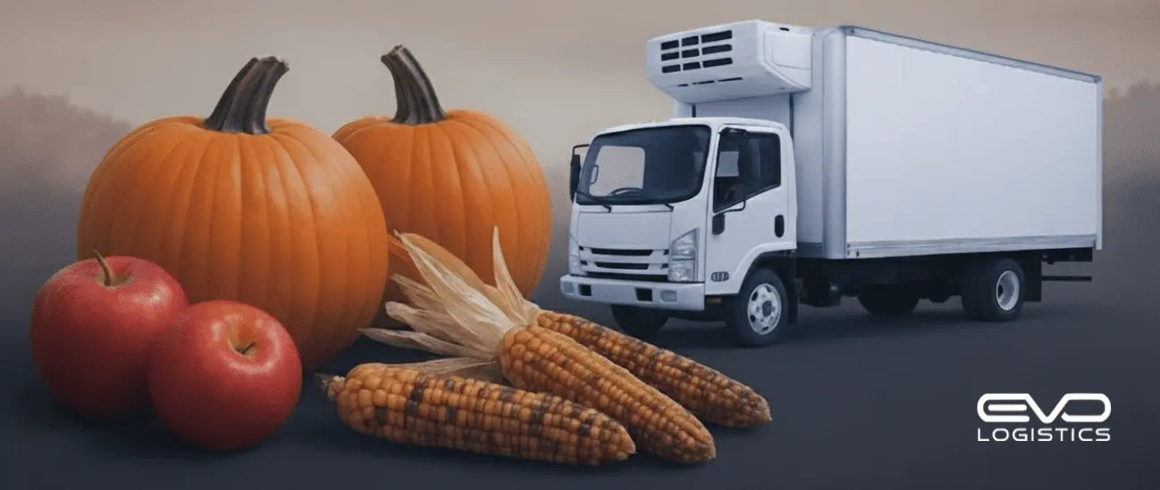 A refrigerated truck beside pumpkins, apples, and decorative corn, representing EVO Logistics’ temperature-controlled transportation for fall agricultural products.