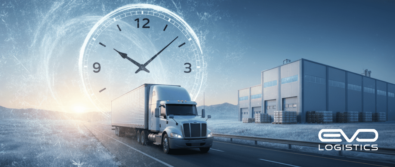 Refrigerated truck driving at dusk with limited daylight, representing the challenges of the November time change on cold chain logistics.